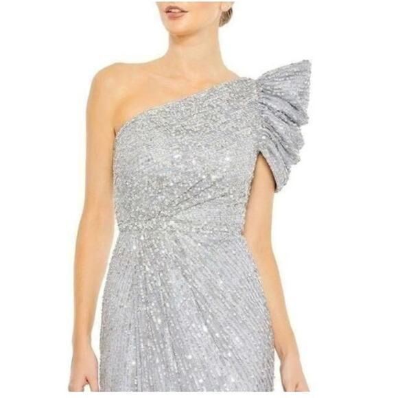 Mac Duggal 5622 One-Shoulder Sequined Stripe Gown Sz 6 Silver NWOT - Picture 4 of 4